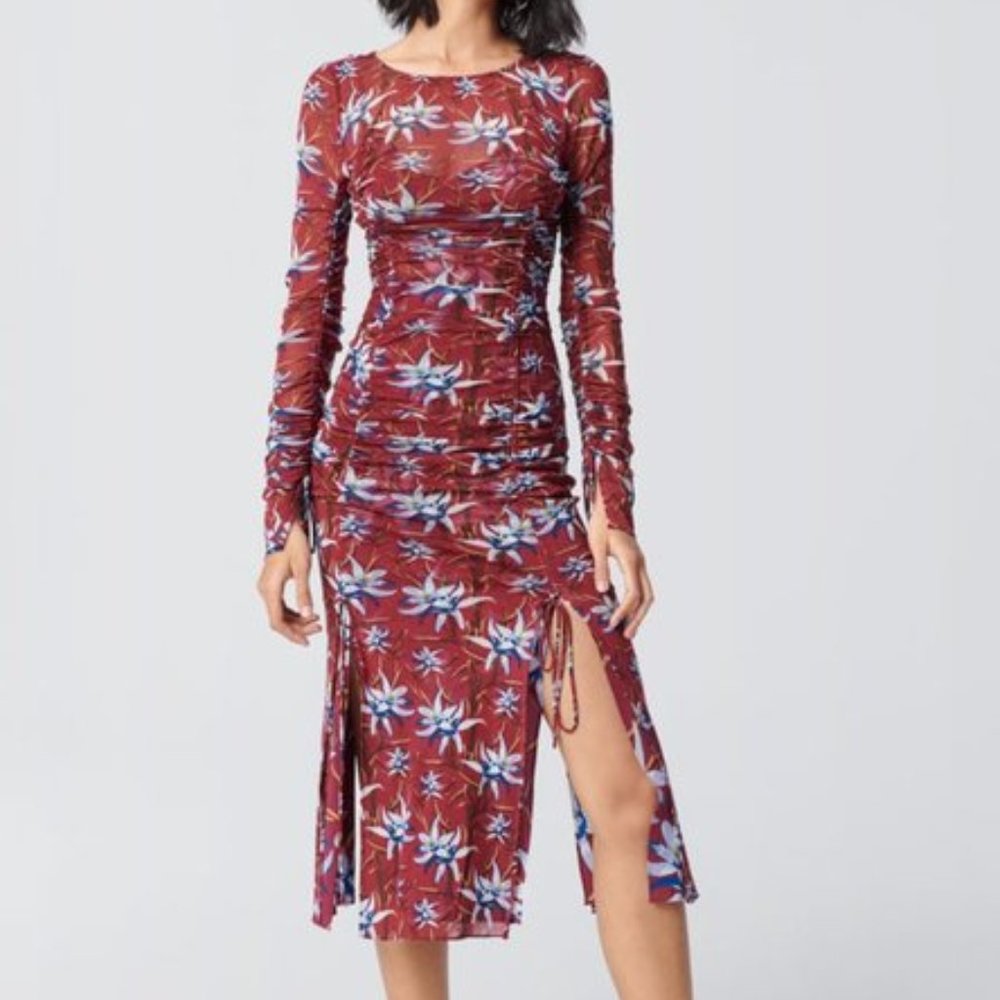 NWT DVF - Corinne Ruched Mesh Midi Dress in Harlow Small Wine - Picture 1 of 7